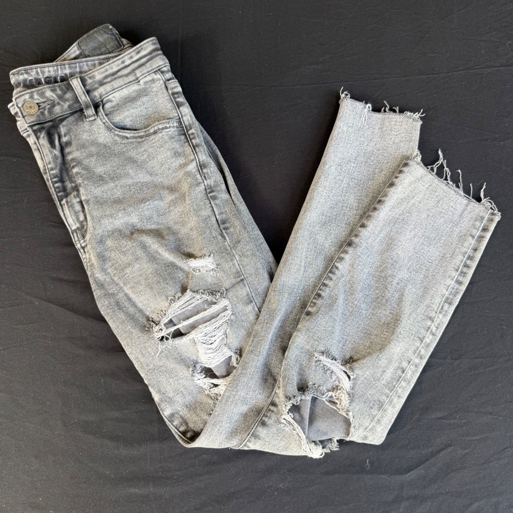 American Eagle Gray Distressed High Rise Skinny Jeans Raw Hem Ripped Denim 27x25